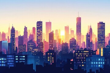 Obraz premium Vibrant city skyline at sunset, showcasing towering buildings silhouetted against a colorful sky.