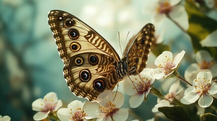 Obraz premium A brown and white butterfly sits on a white flower, enjoying the sun