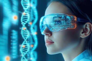 Futuristic woman examining digital DNA sequence display