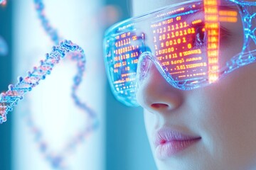 Woman wearing digital glasses with binary code display