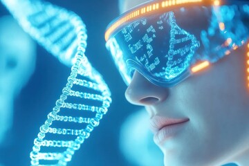 Advanced AI woman absorbed in digital DNA helix data