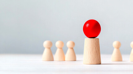 A red sphere atop a wooden pedestal stands out among smaller wooden figures, symbolizing leadership, uniqueness, or a focal point in a group.