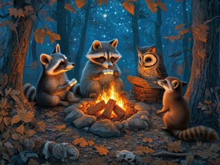 A cozy campfire scene featuring raccoons and an owl under a starry sky.