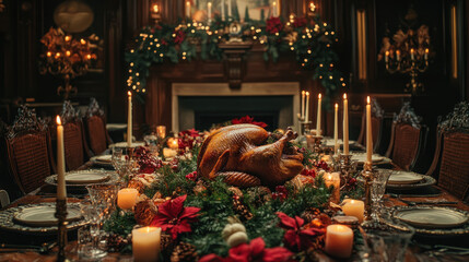 Festive Holiday Dinner Table Setting with Turkey