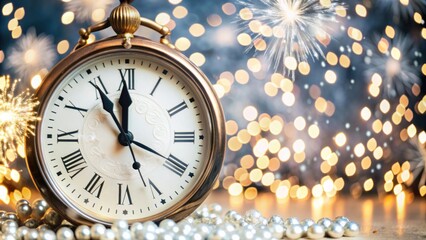 Vintage Clock with Roman Numerals Against a Festive Background of Glittering Lights and Sparkles, Symbolizing New Year Eve Celebration and Countdown to Midnight