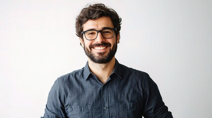 Obraz premium Young Man with Glasses Smiling Against a Plain White Background