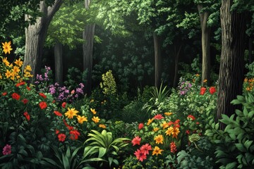 Vibrant wildflower garden surrounded by lush trees, creating a serene and colorful natural landscape.