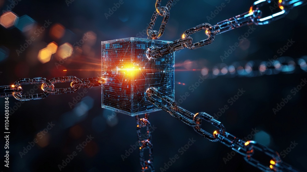 Poster Futuristic digital chains connecting a cubic core virtual reality 3d render neon environment close-up view technology concept