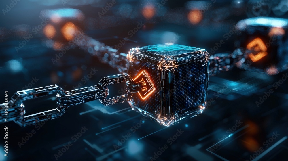 Poster Futuristic digital chains connecting data blocks virtual environment 3d graphics cyberpunk aesthetic high-tech concept