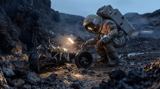 Astronaut repairing rover on an alien planet science fiction space foreign environment close-up view exploration concept