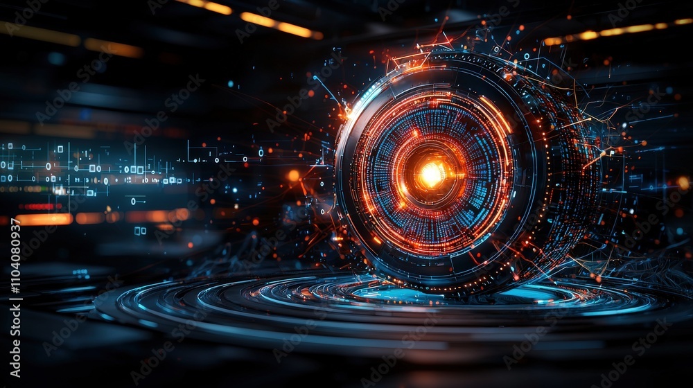 Poster futuristic telecommunications hub featuring high-tech digital sphere virtual environment abstract de