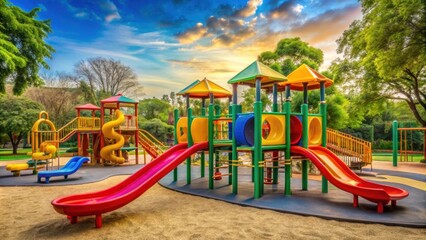 Colorful Playground Equipment under a Vibrant Sky at Sunset in a Public Park, Featuring Slides, Climbing Structures, and Play Areas for Children