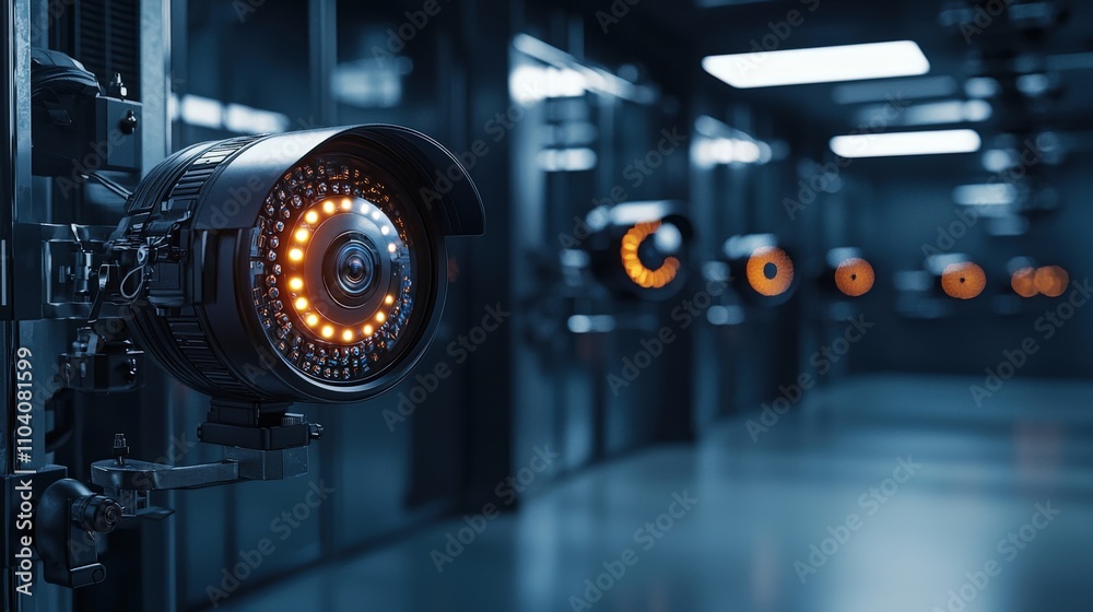 Poster surveillance technology in a futuristic environment high-tech facility digital art controlled space 
