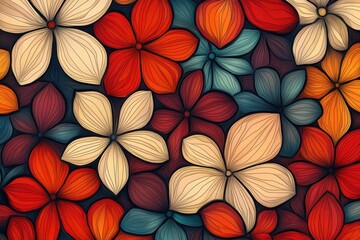 A vibrant pattern of stylized flowers in shades of red, orange, and teal, creating a lively and artistic floral display.