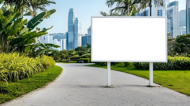 Empty billboard in a park, placed alongside a walking path with city skyscrapers in the distance.