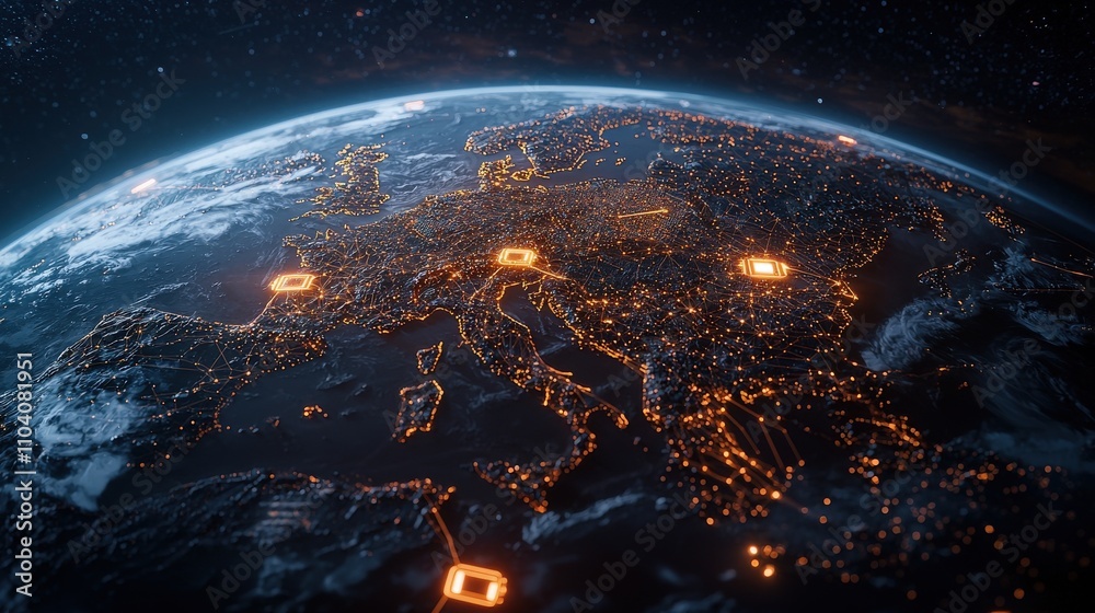 Poster Global digital development project earth view visual data mapping nighttime imagery tech innovation connectivity