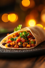 Closeup of a traditional taco with vibrant toppings, placed on a textured plate, warm lighting, ultrarealistic