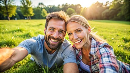 Obraz premium Happy Couple Taking Selfie in Green Park During Sunset, Smiling and Enjoying Each Other's Company in Nature with Warm Sunlight and Lush Grass Surrounding Them