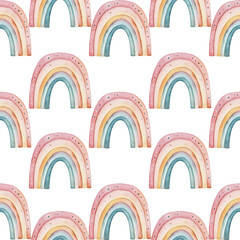 Seamless pattern of pastel-colored rainbows with stars, perfect for children's decor nursery designs, and whimsical projects.