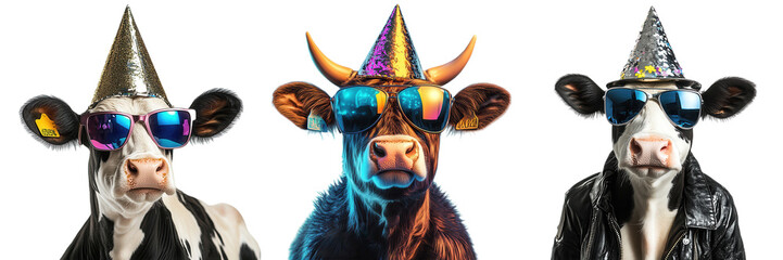 Three stylish cows wearing colorful party hats and sunglasses, posing in a fun, celebratory manner.