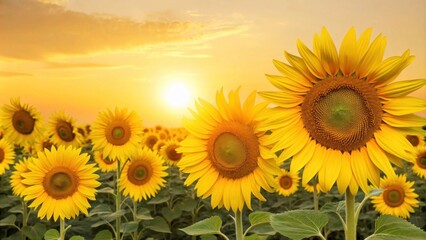 Obraz premium Vibrant Sunflower Field Under a Golden Sunset, Capturing Nature's Beauty in Full Bloom with Sunlight Illuminating the Bright Yellow Petals and Green Foliage