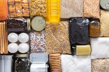 Home food supplies for quarantine and isolation, including canned food, cereals, pasta, and essential staples for survival, survival during military operations, the concept of stay at home