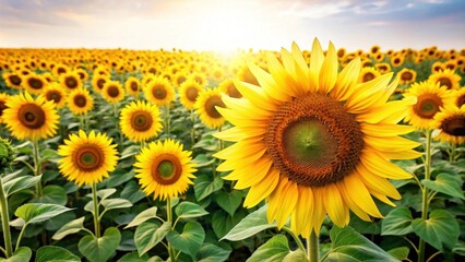Fototapeta premium Breathtaking Sunflower Field at Sunrise with Golden Blooms Stretching Towards the Horizon Under a Bright Blue Sky Illuminated by Warm Sunlight