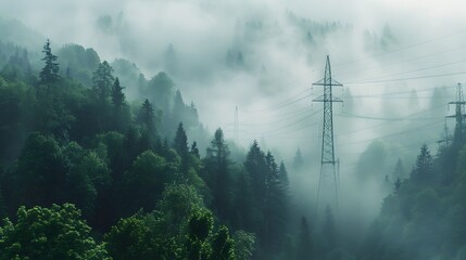 Obraz premium Misty Mountain Forest With Power Lines