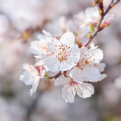 Obraz premium Close up shot of delicate white wild himalayan cherry blossom, nature, spring, flower