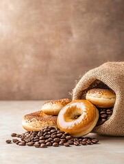 Coffee beans spilling out of a burlap bag next to freshly baked bagels, warm and rustic feel