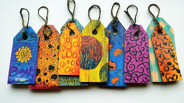 Set of whimsical, doodle-inspired tags with vibrant color schemes