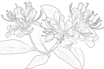 A detailed line art illustration of honeysuckle flowers, showcasing delicate petals and slender leaves.