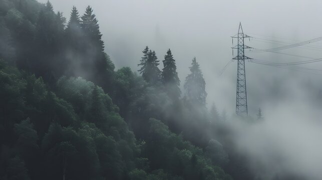 Misty Mountain Forest With Power Lines - Powered by Adobe