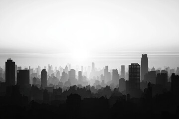 Silhouette of a bustling city skyline at dawn, featuring towering skyscrapers and a soft glow on the horizon.