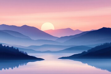 Fototapeta premium Tranquil sunset over a serene lake, blending soft pastel hues with reflective waters in a peaceful landscape.
