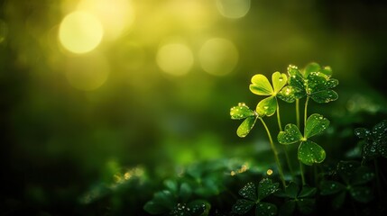 Close-up of fresh green clovers with dew drops, illuminated by warm sunlight in a serene natural setting, symbolizing growth and hope.
