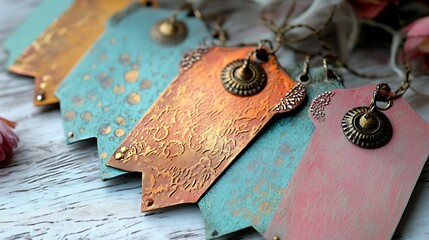 Layered pastel-colored tags with subtle metallic details