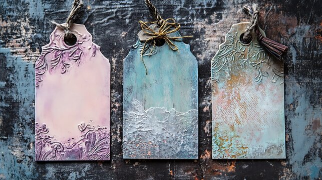 Layered pastel-colored tags with subtle metallic details