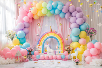  Pastel Balloon Arch with Unicorns and Rainbow for a Magical Party