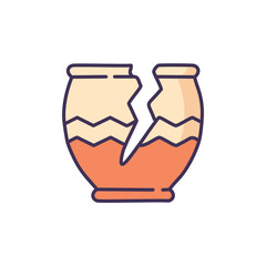 Broken pot icon. Shattered clay pot; symbolizes fragility, loss, or failure.  Depicts damage and destruction.