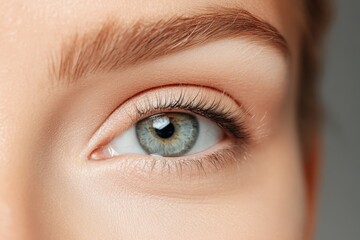 Obraz premium A close-up view of a human eye with an intense blue iris, highlighted by natural makeup, showcasing beauty and clarity with intricate detail and elegance.