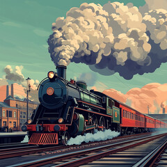 Obraz premium A train is traveling down the tracks with smoke coming out of the engine. The train is surrounded by buildings and a cloudy sky