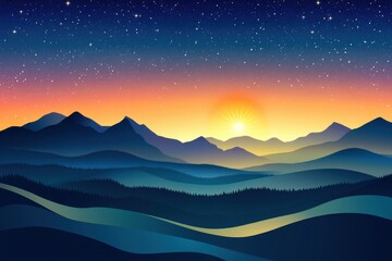 Fototapeta premium A stunning sunrise over a layered mountain landscape, casting warm hues in the sky against cool blue mountains.