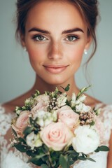 Naklejka premium A close-up of a bride with charming freckles, holding a beautifully arranged bouquet of roses and greenery, her radiant smile enhancing the joy of her special day.
