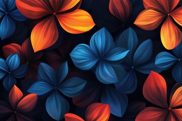 Vibrant floral design featuring large blue and red flowers against a dark background, creating a striking visual contrast.