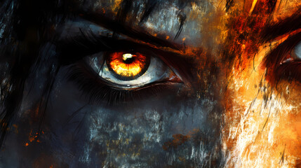 Naklejka premium Close-up of a textured face with dramatic lighting focused on bright eyes, creating an intense and otherworldly appearance. Otherworldly. Illustration