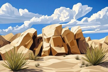 A vibrant desert scene featuring large, angular rock formations under a bright blue sky with fluffy clouds.