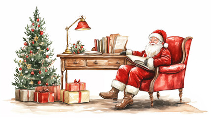 Watercolor minimalistic illustration of Christmas Santa Claus red chair on desk with table lamp book and on white background