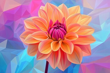 A stunningly vibrant dahlia flower in shades of orange and pink, set against a geometric, colorful background.
