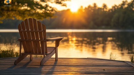 Fototapeta premium Adirondack chair on boat dock at calm lake in soft sunlight